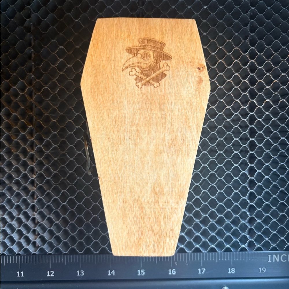 Wooden Coffin Trinket Box with Plague Doctor Engraving - Natural Wood
